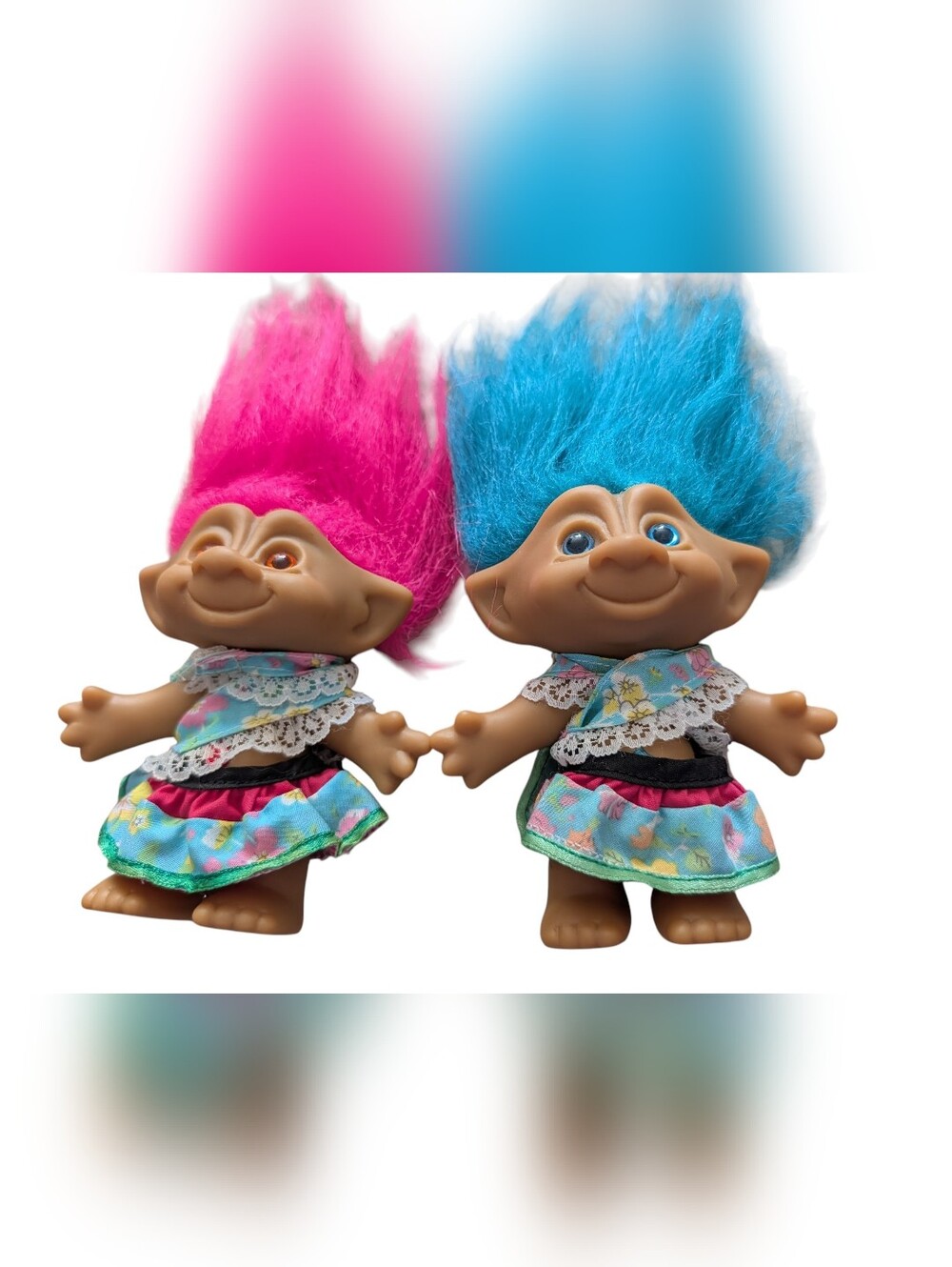 Vintage 1990s Ace Novelty Troll Doll Twin Set Pink & Blue Hair Matching Outfits